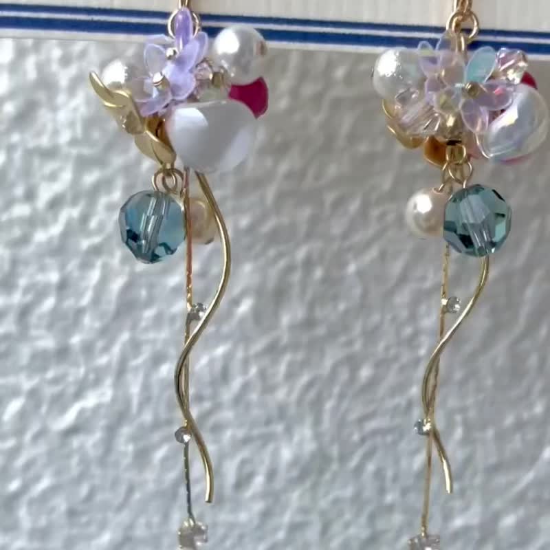 花朵　珍珠和水晶玻璃珠耳環　金色 - 耳環/耳夾/耳骨夾 - 玻璃 多色