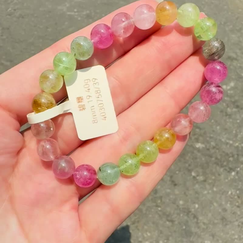 小精品美人魚色碧璽水晶8mm19.40g帶稀有淺藍西柚粉灰碧璽旺夫石 - 手鍊/手環 - 水晶 多色