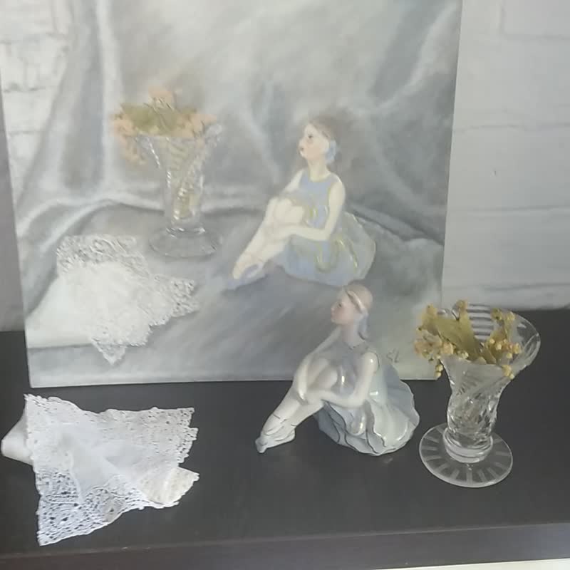 Ballerina figurine oil painting still life original art vintagevase handkerchie - Posters - Other Metals Multicolor