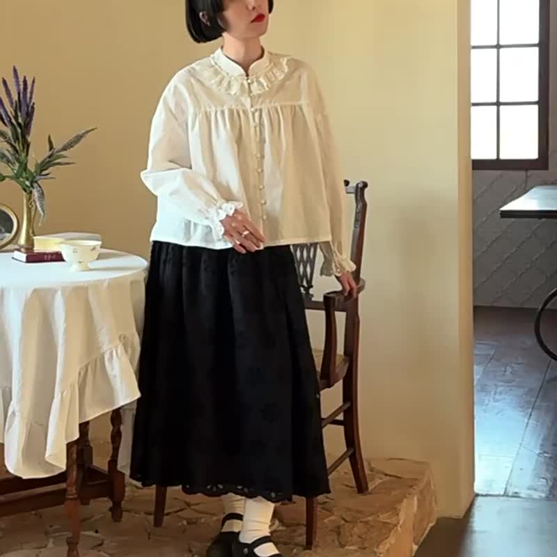 白色 花邊領立領襯衫 寬鬆設計感長袖上衣 - 女襯衫 - 棉．麻 白色