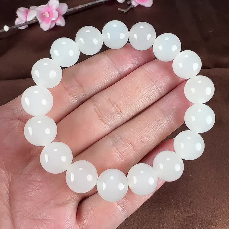 秒殺天然新疆和田玉羊脂玉12mm圓珠手鏈 玉料干淨 密度油性好 - 手鍊/手環 - 玉石 