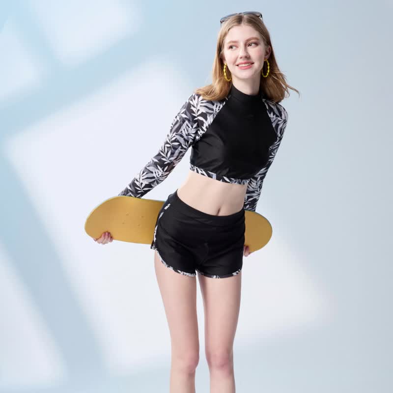 MIT  少女防曬二件式泳裝 - 女泳衣/比基尼 - 聚酯纖維 黑色