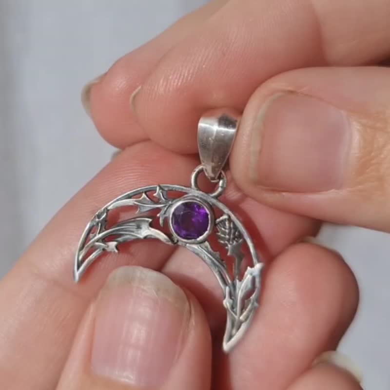 Silver 925 thistle pendant with natural amethyst, Elven thistle lunula, lunar - Necklaces - Silver Silver