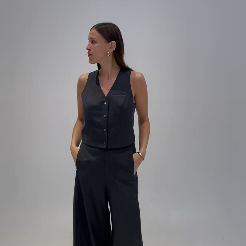 Women's Suit Set with Vest and Palazzo Pants - 背心/無袖上衣 - 羊毛 灰色