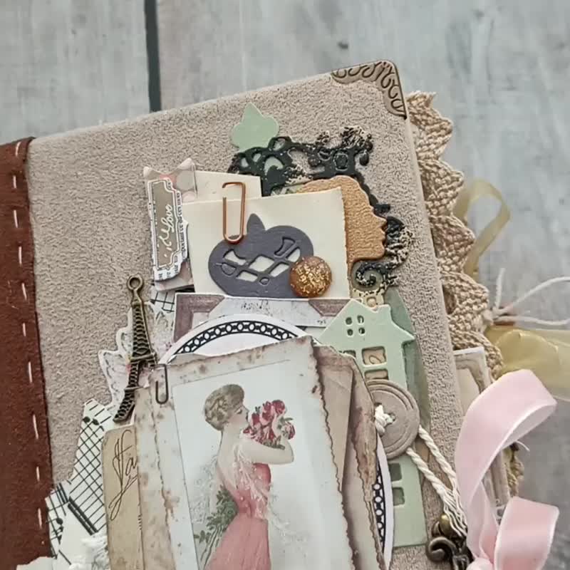 Vintage romantic junk journal handmade Heritage family story book elegant thick - 筆記簿/手帳 - 紙 粉紅色