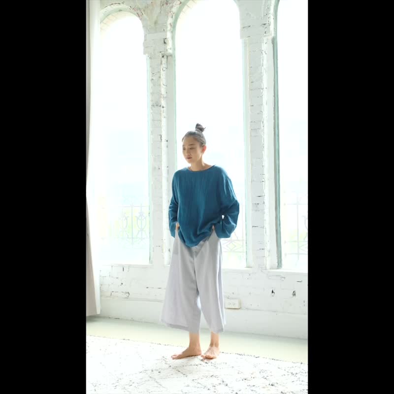 OMAKE single-button eight-point wide pants/ Linen light gray - กางเกงขายาว - ผ้าฝ้าย/ผ้าลินิน สีเทา