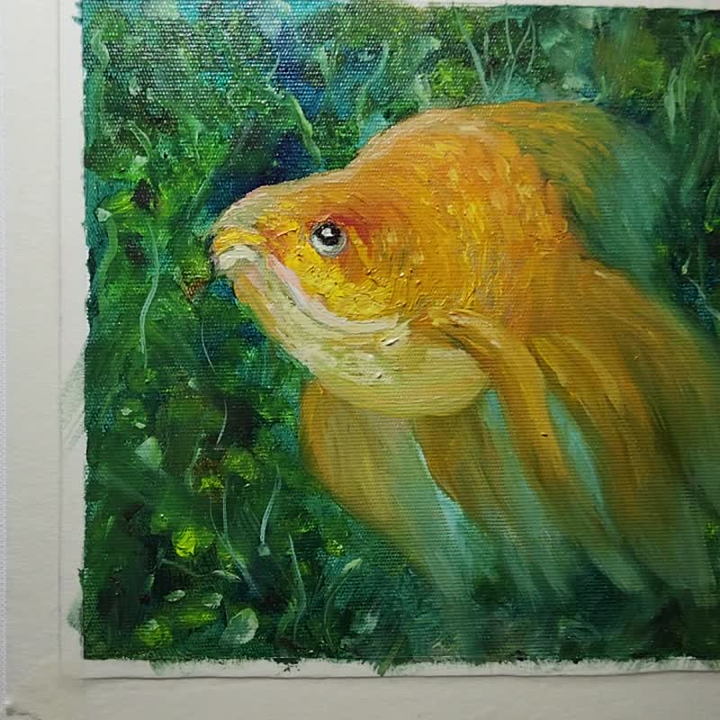 Golden fish Original  Art Fish Original Oil Painting. Seren Underwater World - 壁貼/牆壁裝飾 - 亞麻 