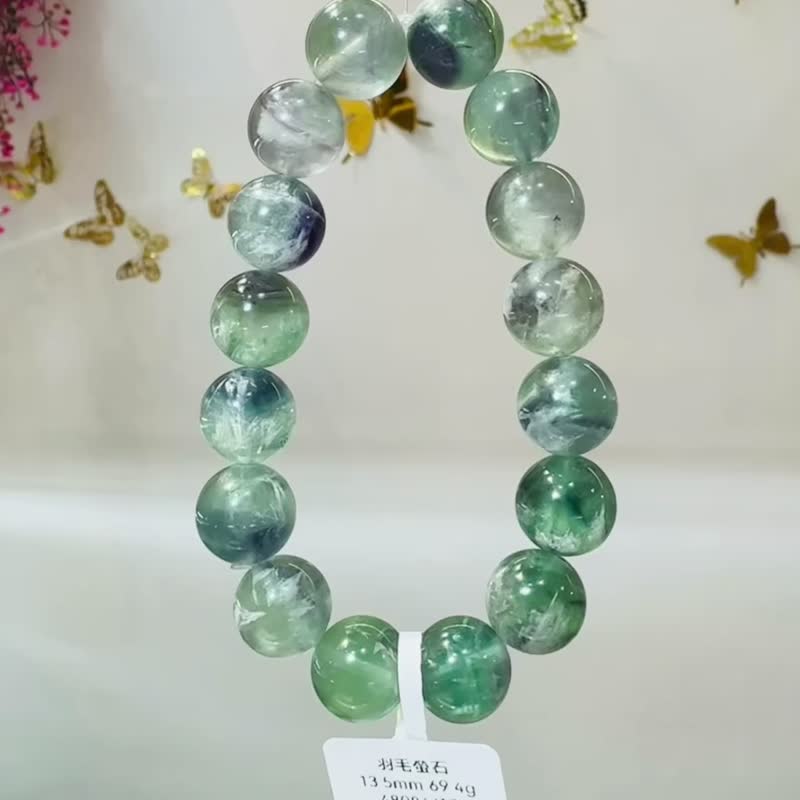 天然羽毛螢石13.5mm69.4g水晶平衡身心靈舒緩壓力暖宮石 - 手鍊/手環 - 水晶 綠色