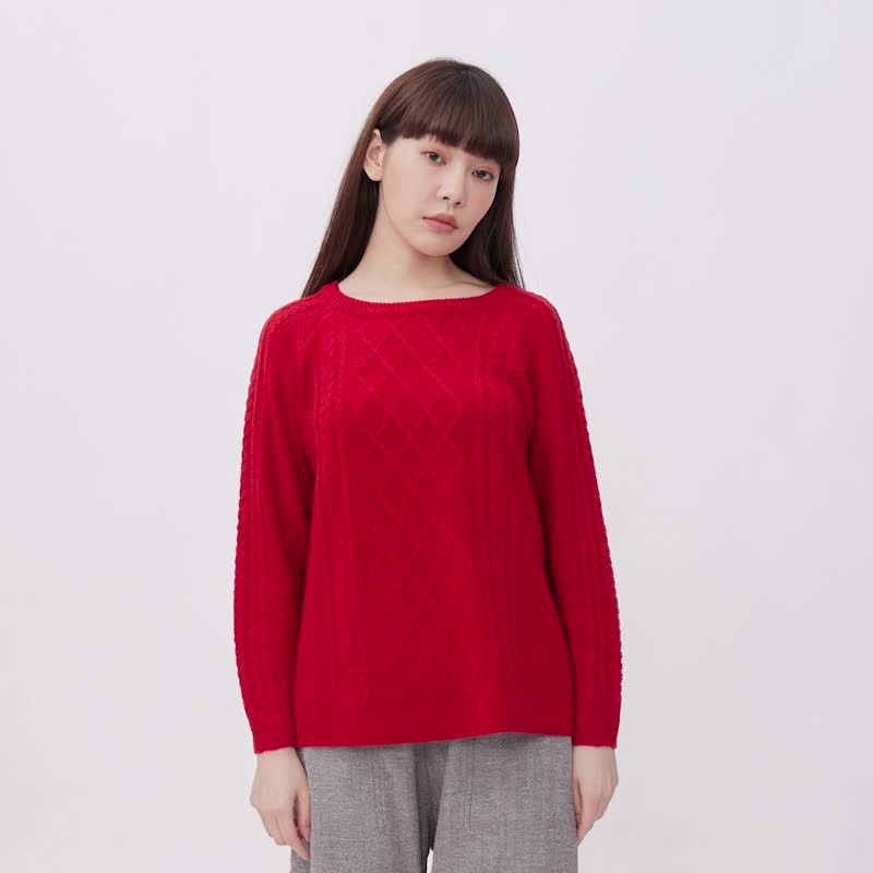 Argyle Round Neck Long Sleeve Sweater/  Red - Women's Sweaters - Cotton & Hemp Red