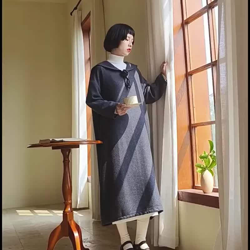 灰色 法式海軍領立體手工玫瑰花洋裝 寬鬆羊毛毛呢連衣裙子 - 洋裝/連身裙 - 羊毛 灰色