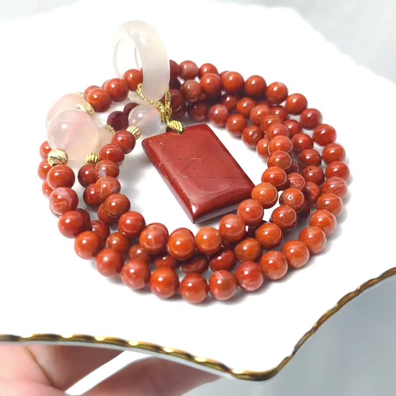 南紅 櫻花瑪瑙 紅碧玉 無飾牌 紅色寶石 108念珠 6.5mm 單品 禮物 - 手鍊/手環 - 寶石 紅色