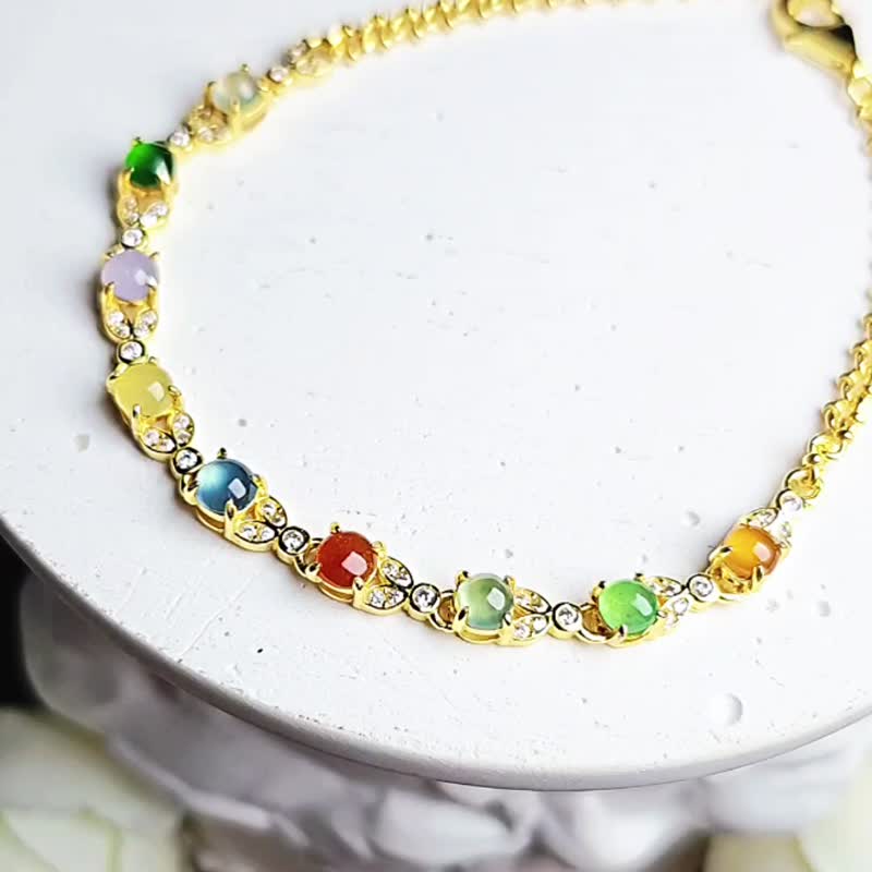 Five elements bring good luck | Ice glass multi-treasure rainbow bracelet | Myanmar A-grade jade sterling silver exquisite multi-bead bracelet - Bracelets - Jade 