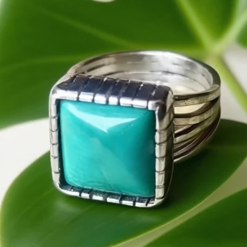 【Captain Flint手作銀飾】方心所向 天然綠松石純銀戒指可選寶石 - 戒指 - 寶石 綠色