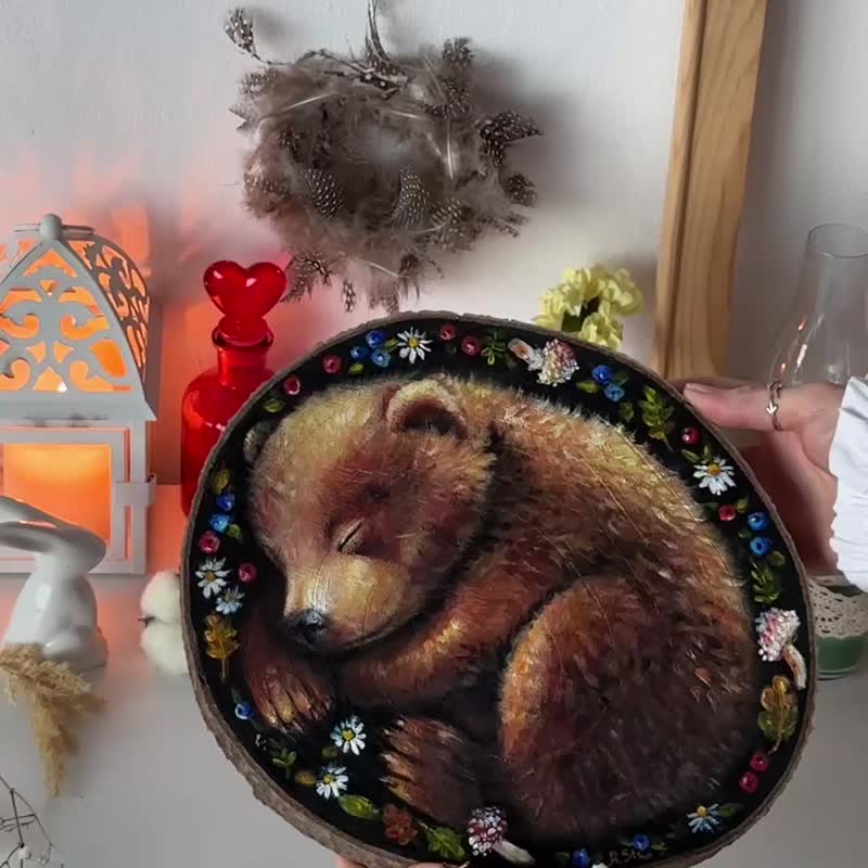 Hand-painted wooden table Bear, Painting on wood Bear, Wood slice art, Forest - 壁貼/牆壁裝飾 - 木頭 多色