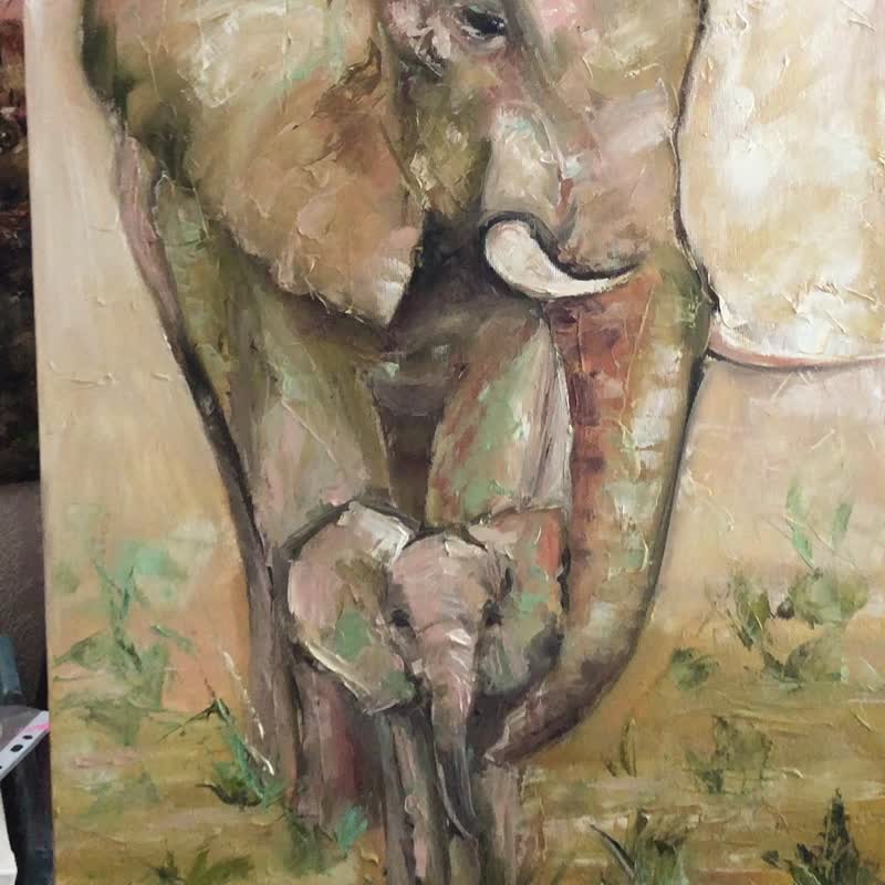 Mother and baby painting Elephant wall art Asian painting Elephant canvas art - Posters - Other Materials Gray