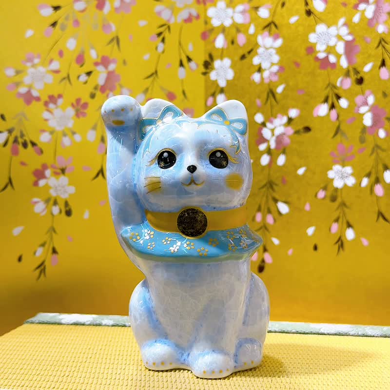 【藤華聚財】日本清水燒招財貓 | 花結晶藤体花 - 億万両 - 擺飾/家飾品 - 瓷 藍色