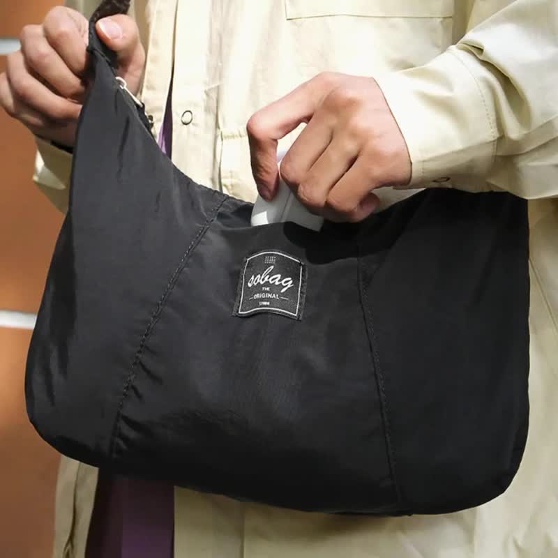 sobag日系簡約防潑水尼龍斜挎布包男街頭潮流休閒黑色中性單肩包 - 側背包/斜背包 - 尼龍 黑色