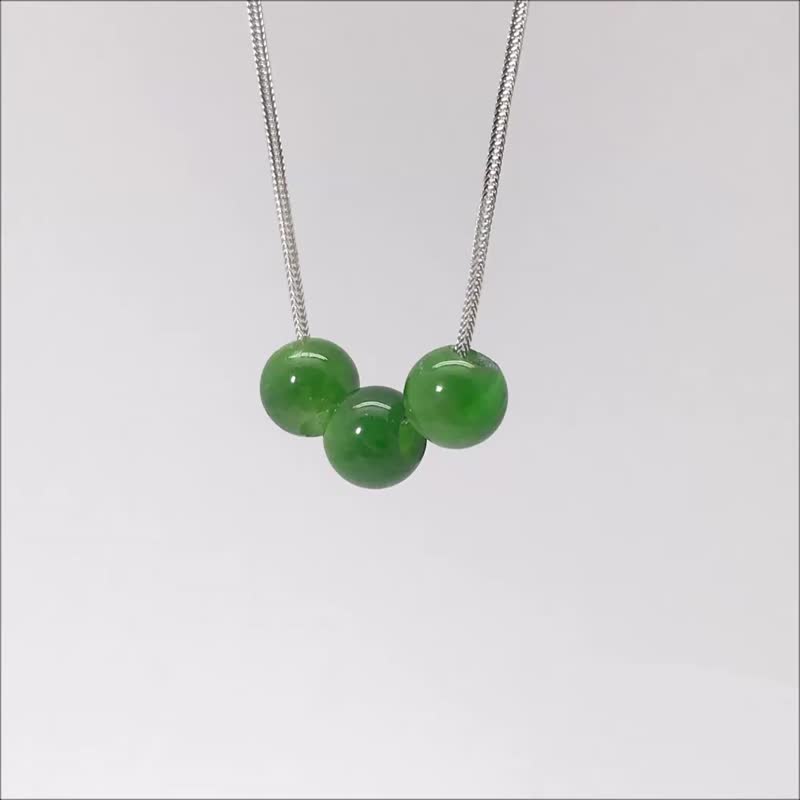 925純銀 寶石項鍊 綠透輝石 3顆圓珠天然石手工項鍊 可客製延長鍊 - 鎖骨鍊 - 純銀 綠色
