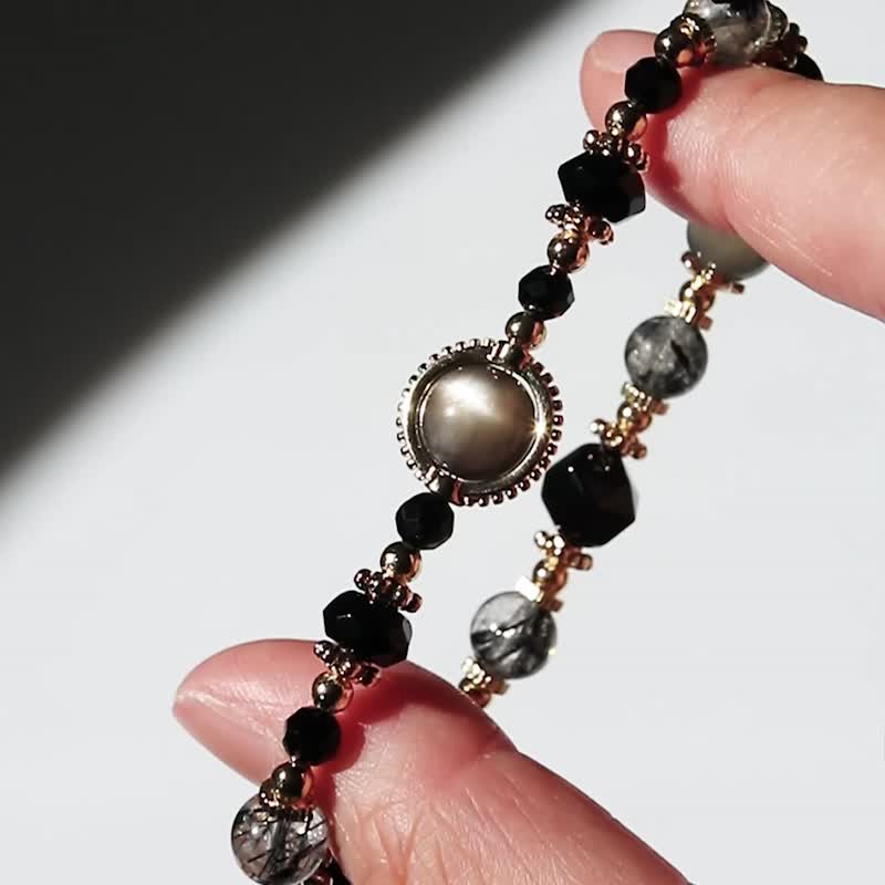 [Shimmer] Black bone, black agate, black spindle, black hair crystal, Silver moonlight - สร้อยข้อมือ - คริสตัล สีดำ