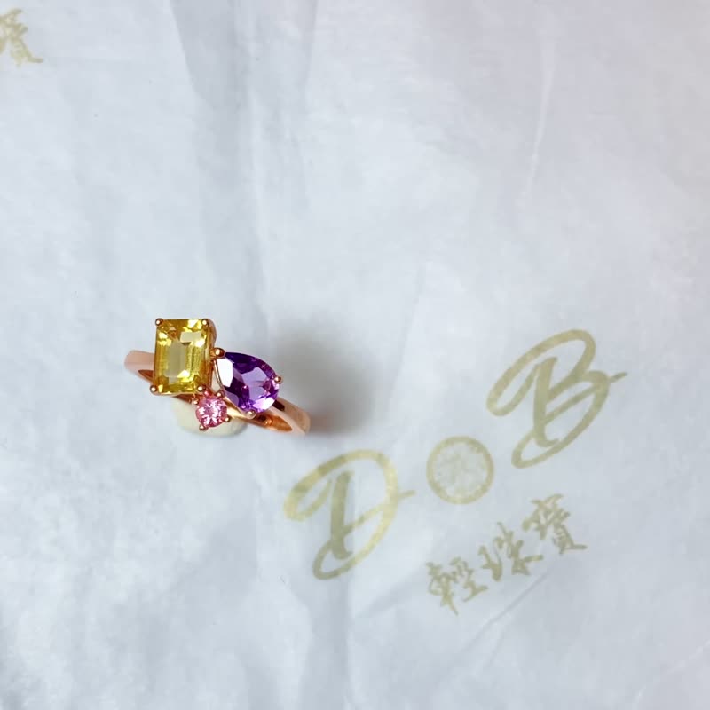 Natural citrine, amethyst and tourmaline cluster set in Rose Gold ring - แหวนทั่วไป - เงินแท้ หลากหลายสี