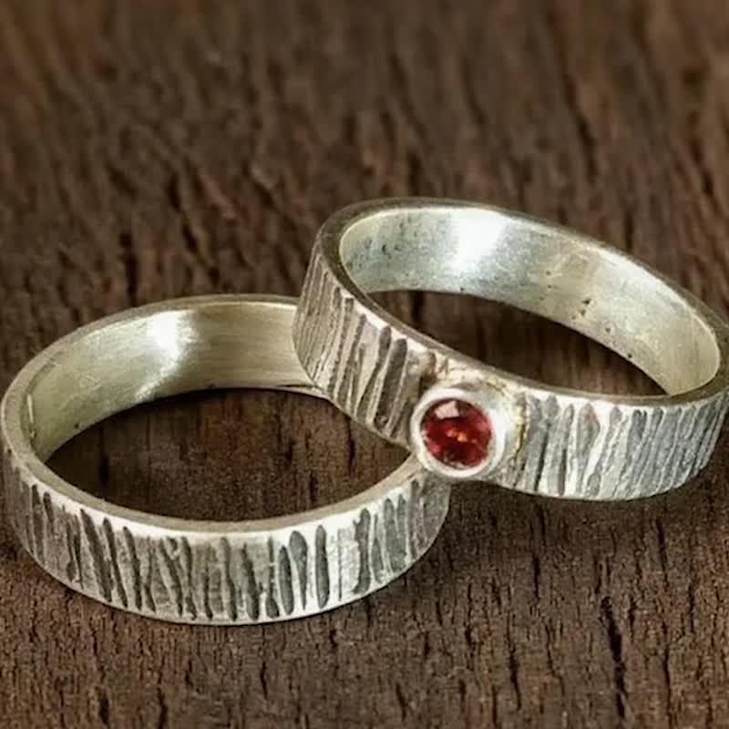 【Captain Flint手作銀飾】彩虹思緒 多彩天然寶石純銀樹皮紋戒指 - 戒指 - 寶石 多色