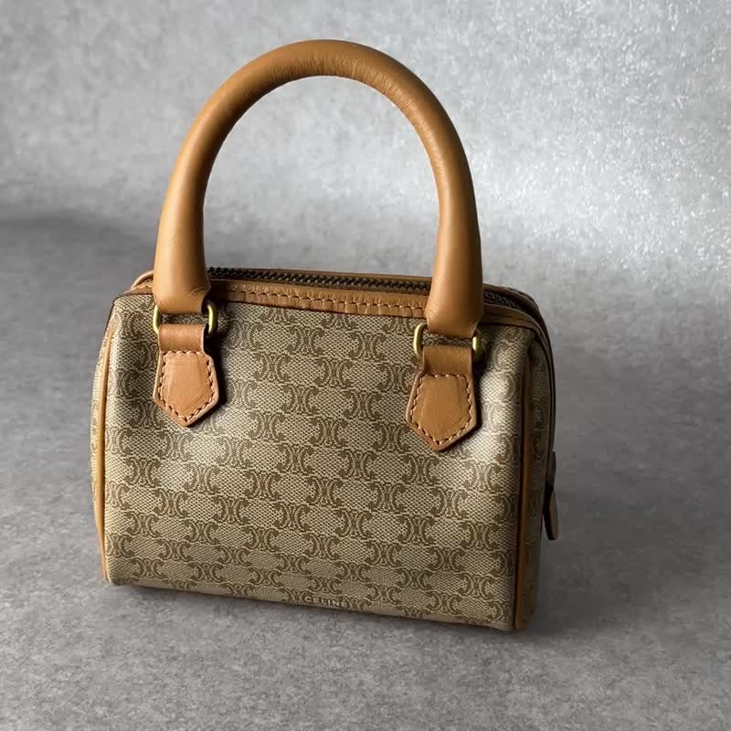 【 日本直送　名牌中古包 】CELINE セリーヌ マカダム ショルダーバッグ ベージュ PVC レザー 2WAY ミニバッグ vintage ecy7xt - 側背包/斜背包 - 防水材質 咖啡色
