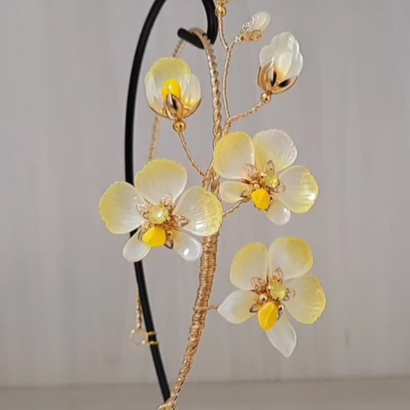 琉璃蝴蝶蘭系列【俏麗鵝黃】~金屬髮圈 - 髮帶/頭箍 - 玻璃 黃色