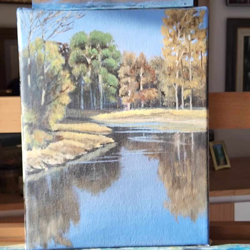 River Bank Painting Landscape Original Art Forest & Water Scene Wall Art  Trees - วาดภาพ/ศิลปะการเขียน - ลินิน 