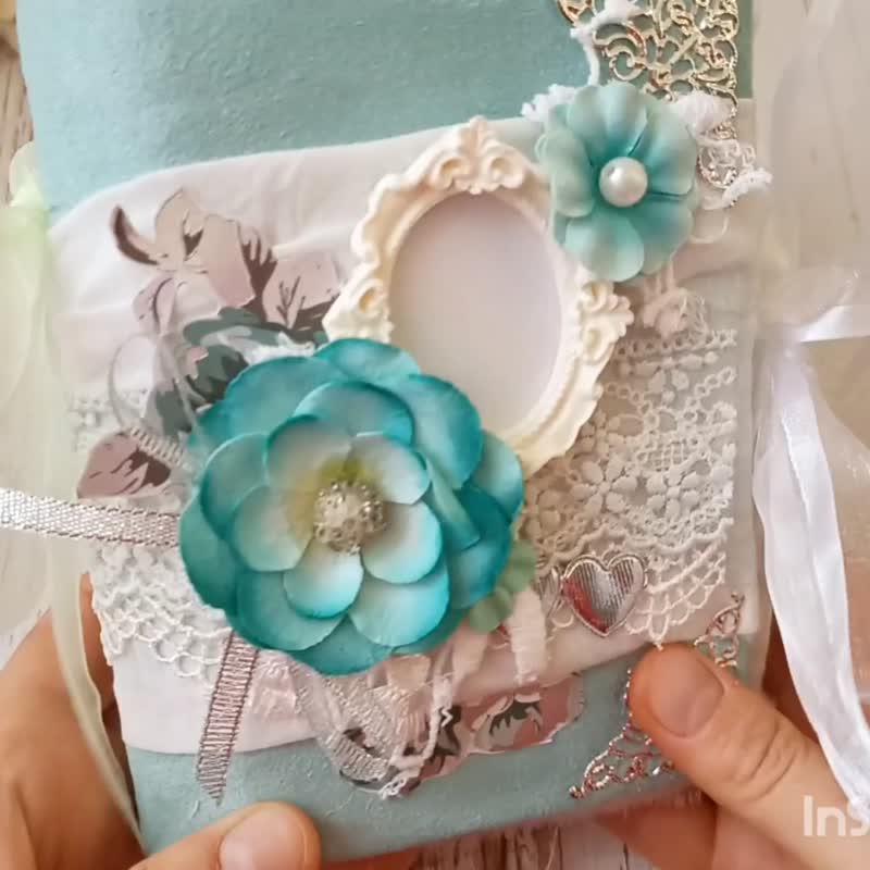 Lace Mint Floral junk journal handmade Fabric homemade wedding notebook blank - สมุดบันทึก/สมุดปฏิทิน - กระดาษ สีเขียว