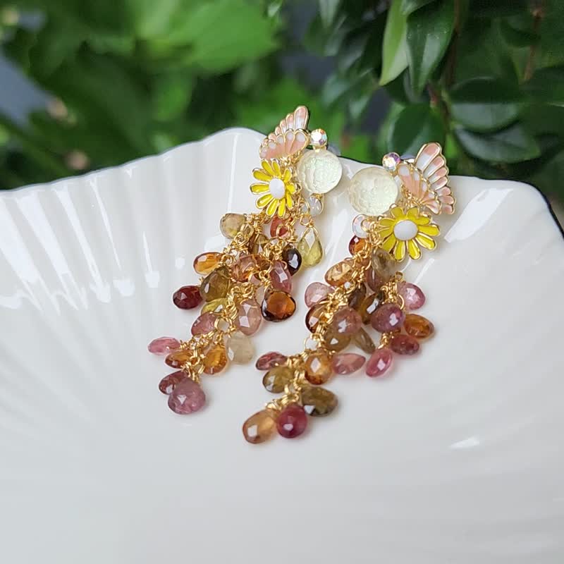 碧璽 蝴蝶 雛菊 萊茵石 秋楓落葉 稻穗滿盈 流蘇 豐收 耳環 禮物 - 耳環/耳夾/耳骨夾 - 寶石 橘色