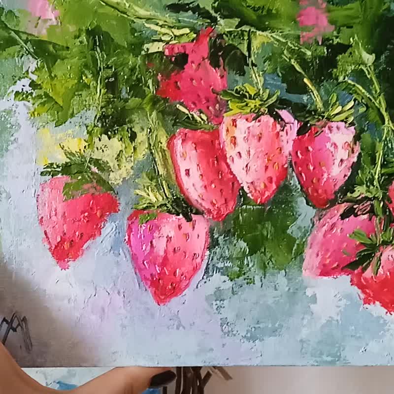 Strawberry Painting Original Art Fruit wall art Oil on canvas 20*30cm - 海報/掛畫/掛布 - 其他材質 紅色