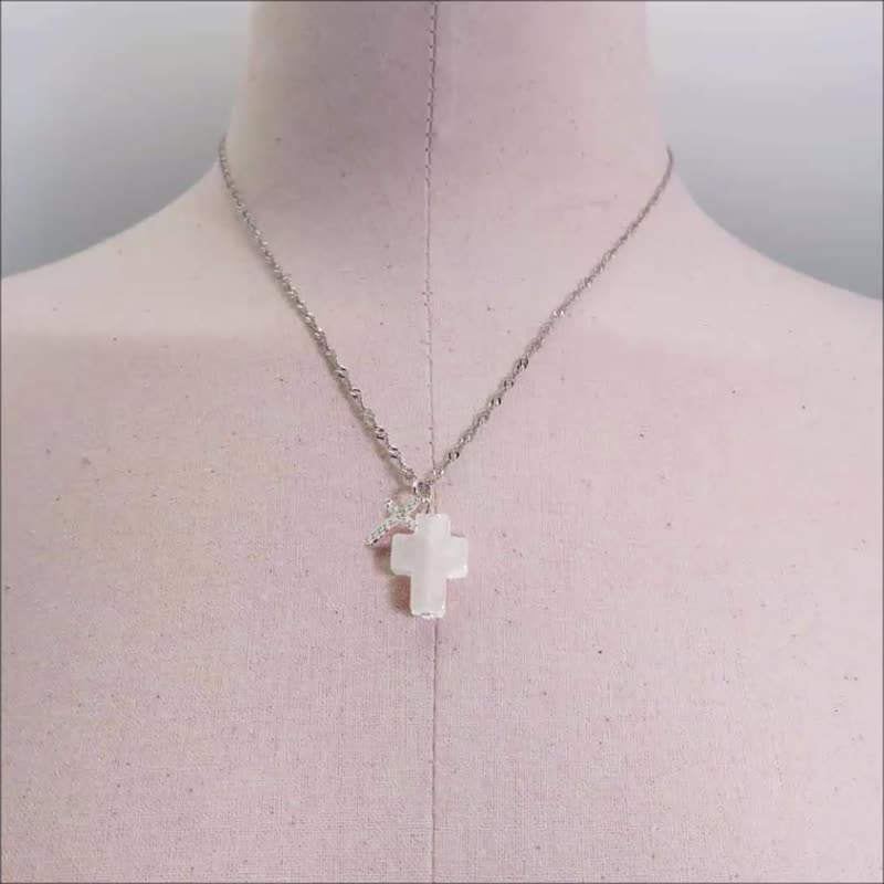 Rock Quartz Silver Double Cross Crystal Necklace Micro-Inlaid White Zircon Charm - Collar Necklaces - Sterling Silver White