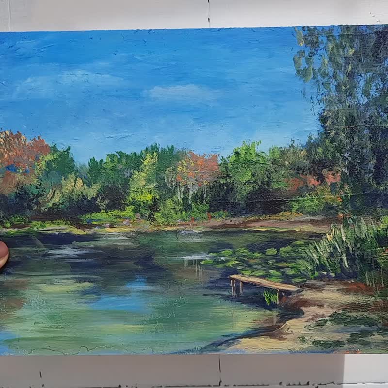 Birch painting Original acrylic art Dock painting Lake painting Forest landscape - 壁貼/牆壁裝飾 - 其他材質 多色