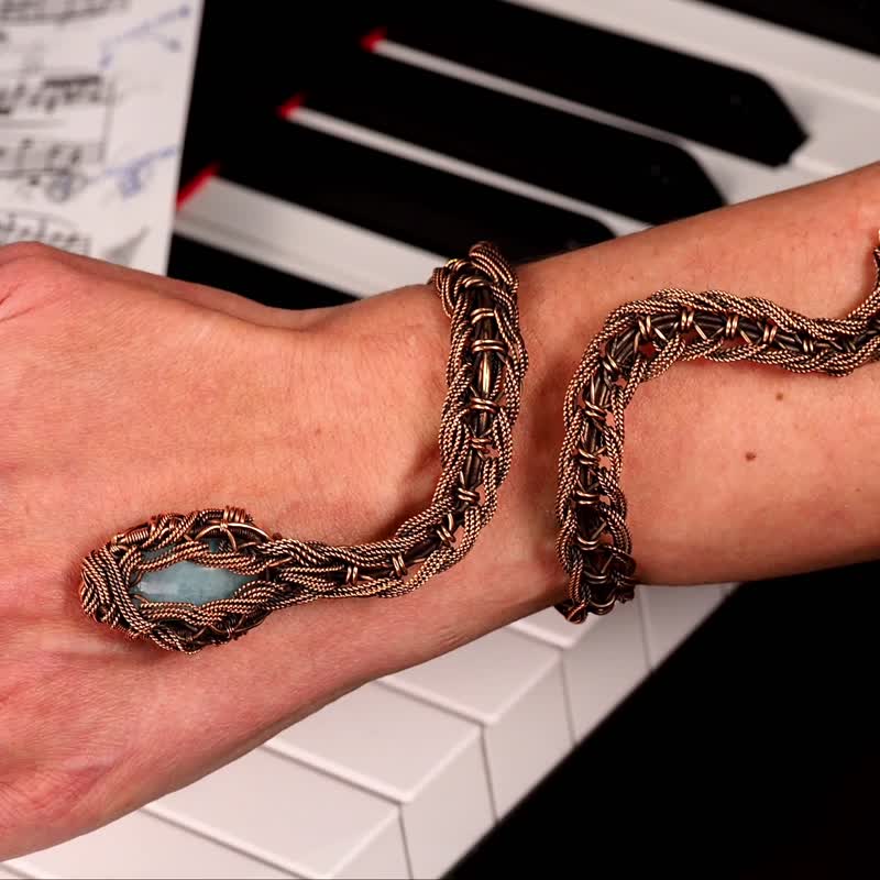 Snake cuff bracelet with aquamarine Copper wire wrapped bangle Egyptian style - Bracelets - Gemstone Blue