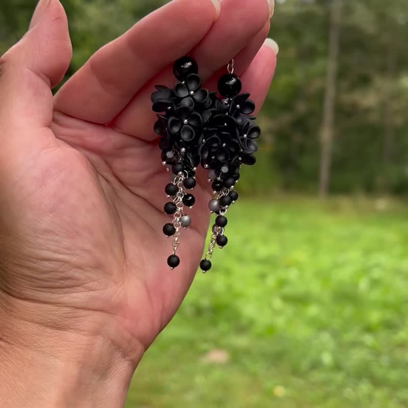 Black Tiny Flower Earrings Chandelier Long Earrings Boho Earrings With Flowers - ต่างหู - ดินเหนียว สีดำ