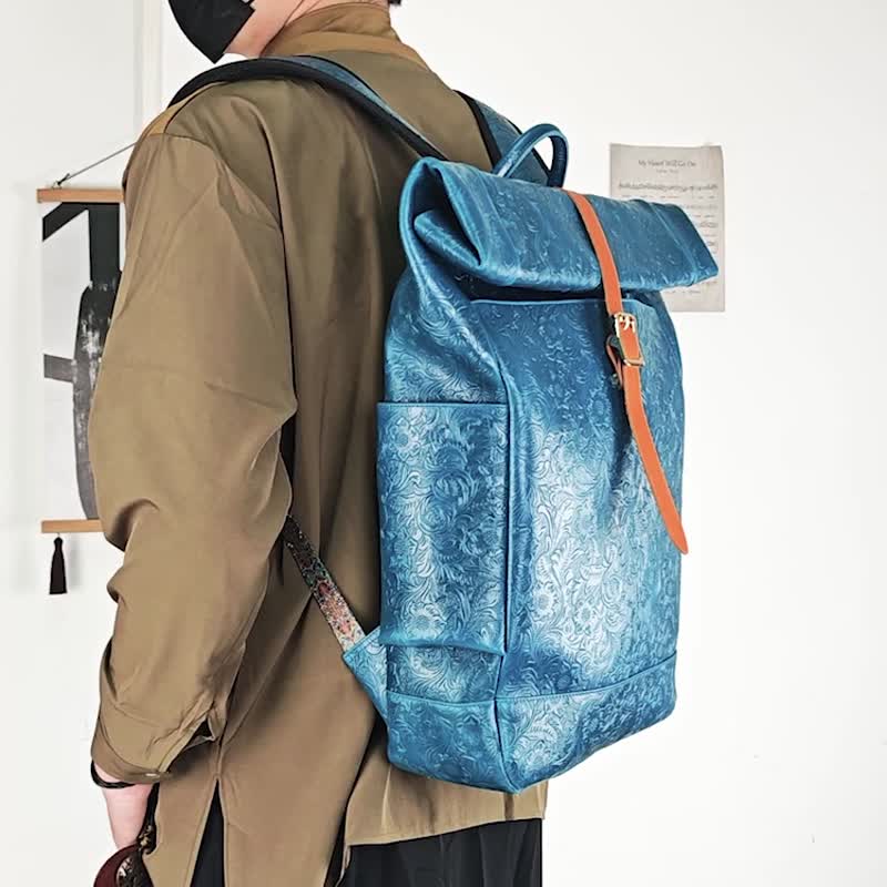 Dual purpose travel outdoor backpack vertical version - genuine leather laptop - Backpacks - Genuine Leather Blue