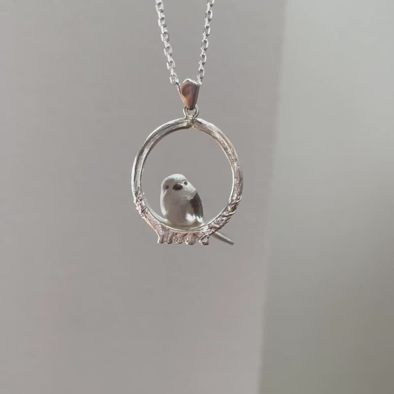 Long-tailed tit pendant perched on a branch - Necklaces - Sterling Silver Silver