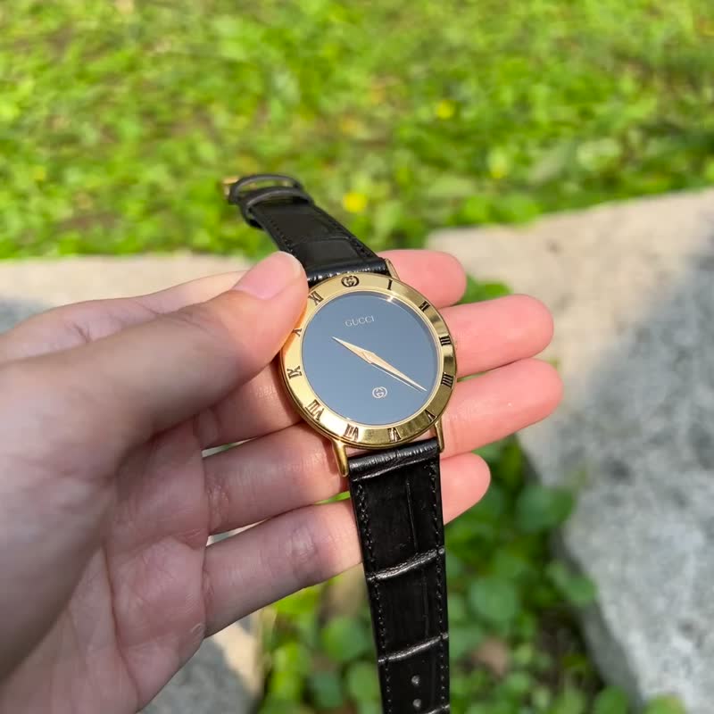 稀有古董Gucci皮革羅馬石英錶 - 女錶 - 其他材質 黑色
