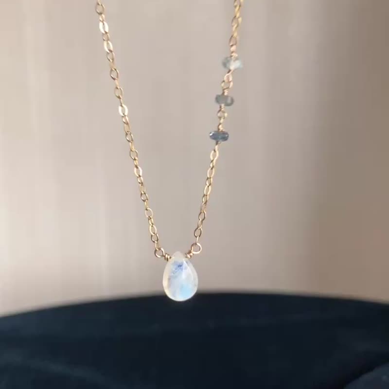 14KGF Moonstone and Aquamarine Necklace / Birthstone of June - Necklaces - Gemstone Blue