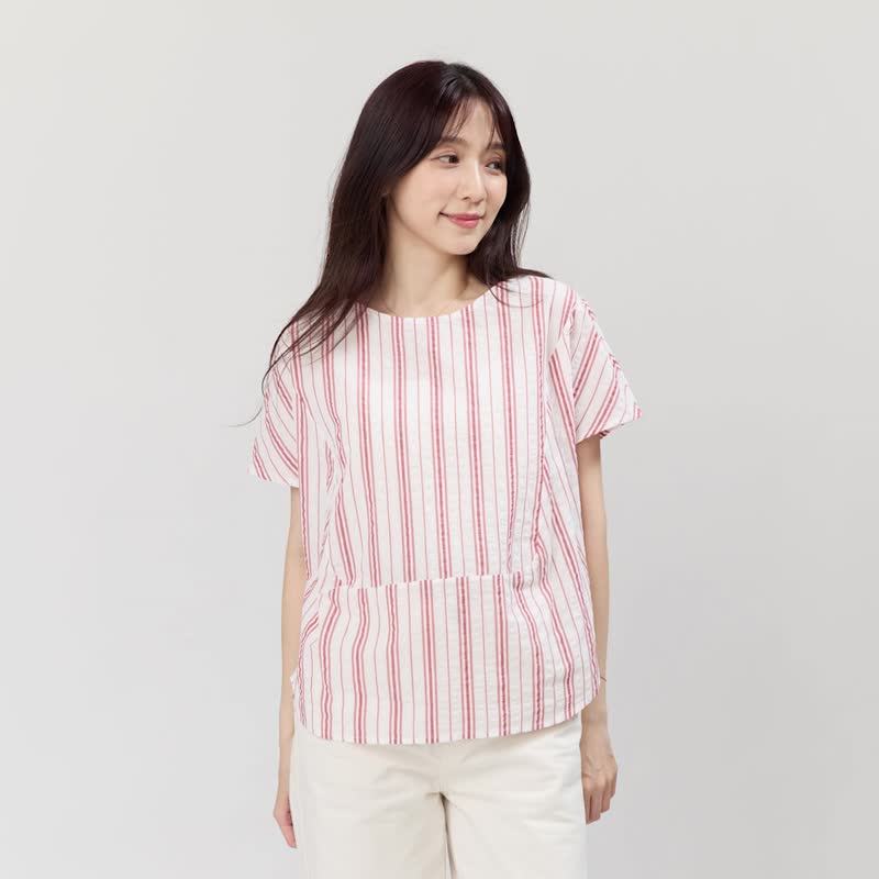 Debbie 方型小蓋袖拼接棉質直條上衣/紅白條 - 女上衣/長袖上衣 - 棉．麻 白色