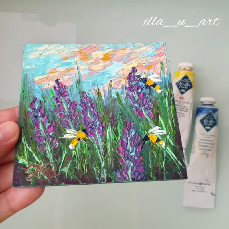 Lavender Fields Painting Bees Original Art Floral Wall Art Small Oil Painting - 海報/掛畫/掛布 - 其他材質 紫色