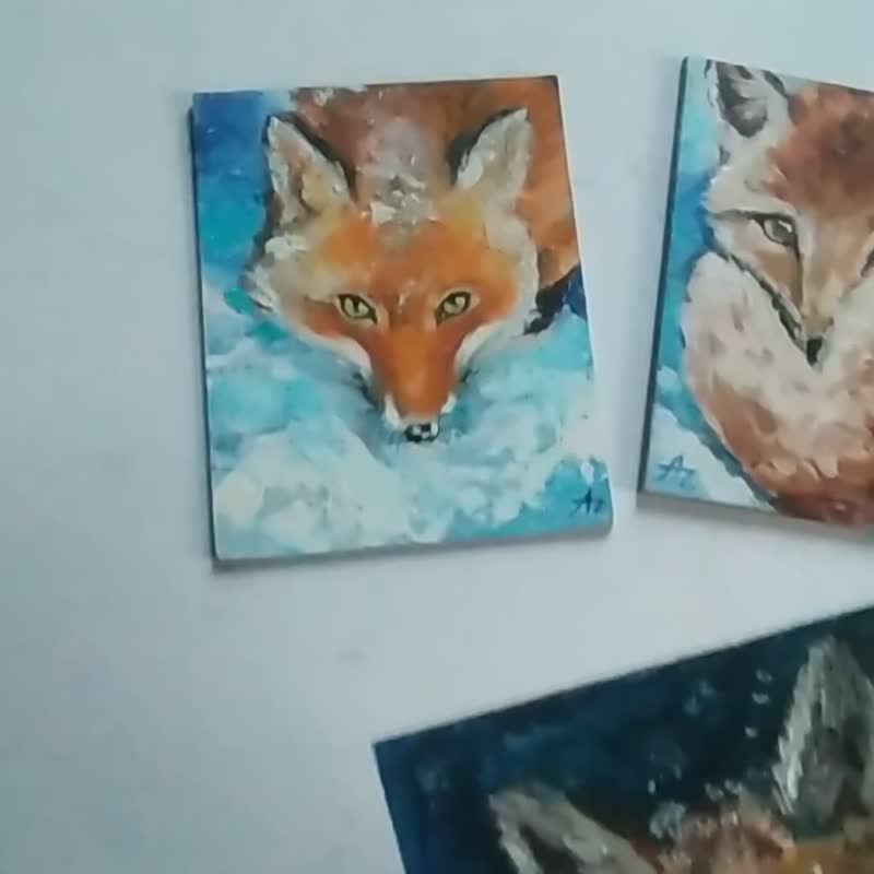 Fox Painting Red Animal Original art Snow Set of 3 paintings 4 by 5 inches - 海報/掛畫/掛布 - 紙 橘色