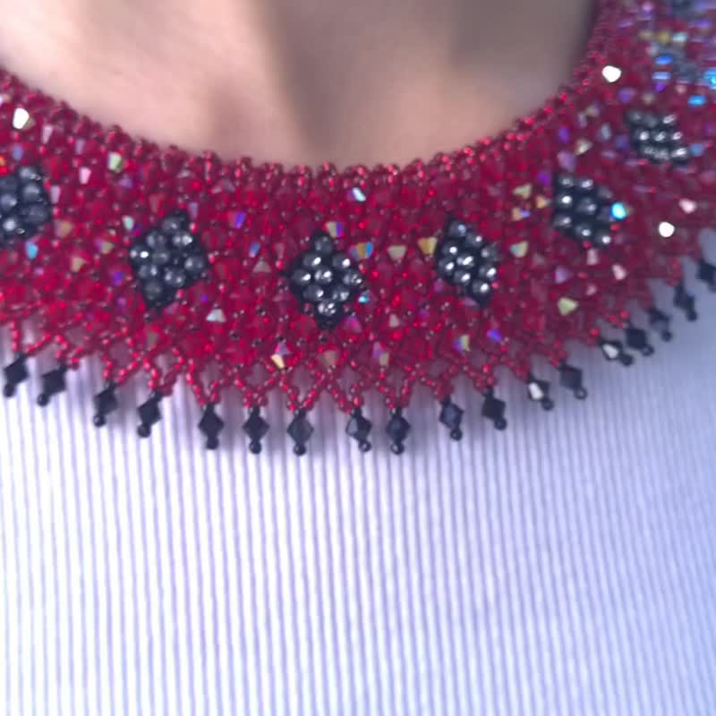 Crystal Collar Necklace Elegant Lace Necklace Handmade Jewelry Beaded Choker - 頸鏈 - 玻璃 紅色