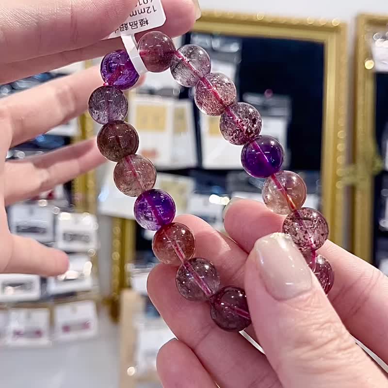 Collectible glitter super seven crystal smooth hair full mineral 12mm crystal bracelet purple super seven the other side of the flower red super seven - สร้อยข้อมือ - คริสตัล หลากหลายสี