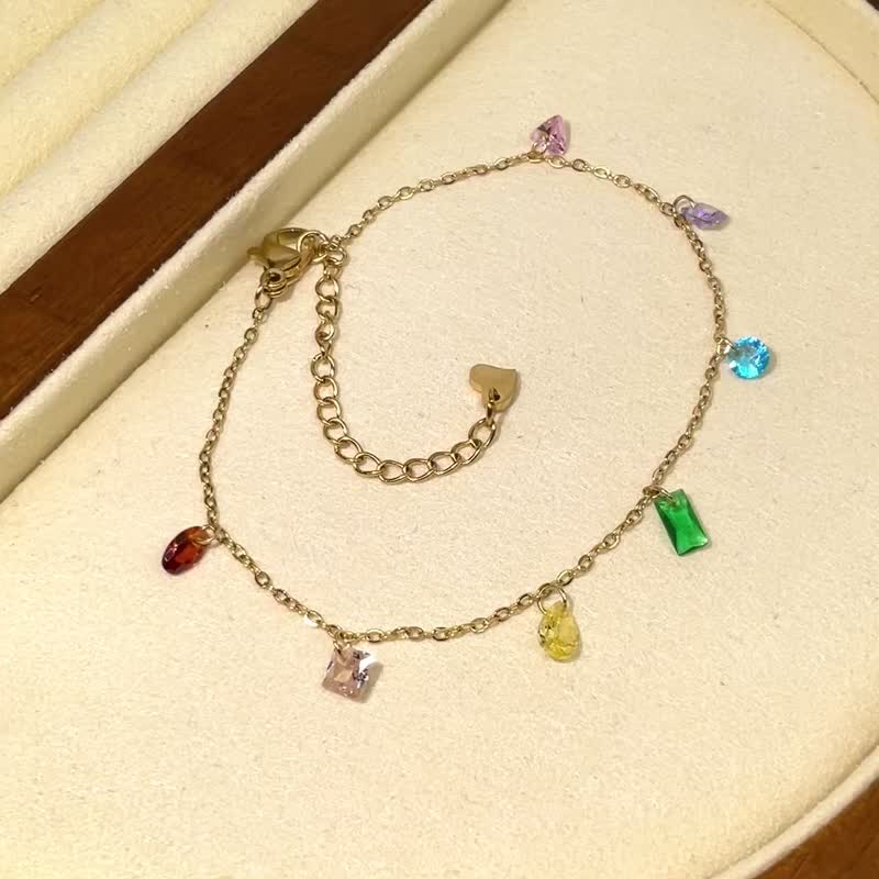 Baguette Rainbow Gemstone Station Bracelet | Multicolored Layering Bracelet - สร้อยข้อมือ - โลหะ สีทอง