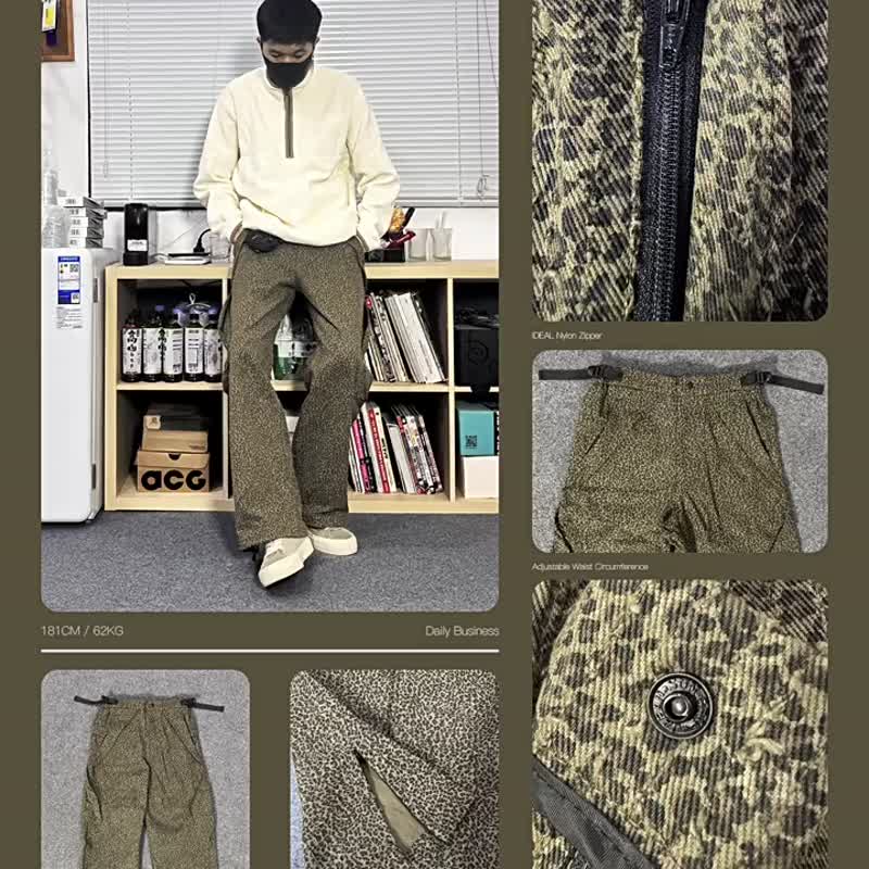 蛙紋水洗勾紗做舊工藝隱形拉鏈開衩彎刀微喇長褲 - 男長褲/休閒褲 - 其他材質 卡其色