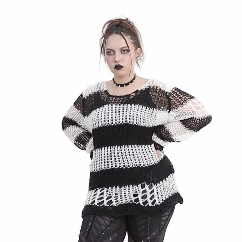 龐克街頭巫醫馬海毛上衣 - 黑 / 白 / 紅 / 綠 / 寬鬆版型 / 毛衣 - 女毛衣/針織衫 - 其他材質 綠色