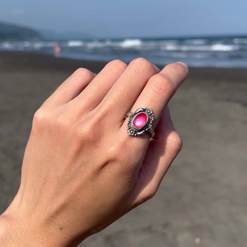 喜迎瑤 925銀 粉月光 月光石 粉月光石 活口 戒指 民族風 男女 - 戒指 - 水晶 銀色