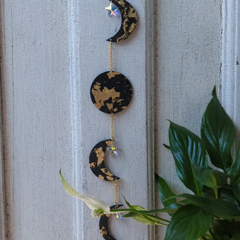 Boho Room Decor: Moon Phase Garland | Lunar Garland Black Gold Celestial Wall Ha - 壁貼/牆壁裝飾 - 木頭 黑色
