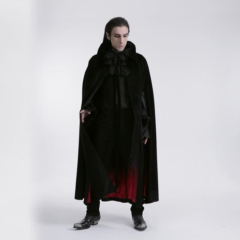 哥德暗夜吸血伯爵仿馬毛斗篷 - 黑 / 紅 / 可調立領 - 男夾克/外套 - 其他材質 紅色